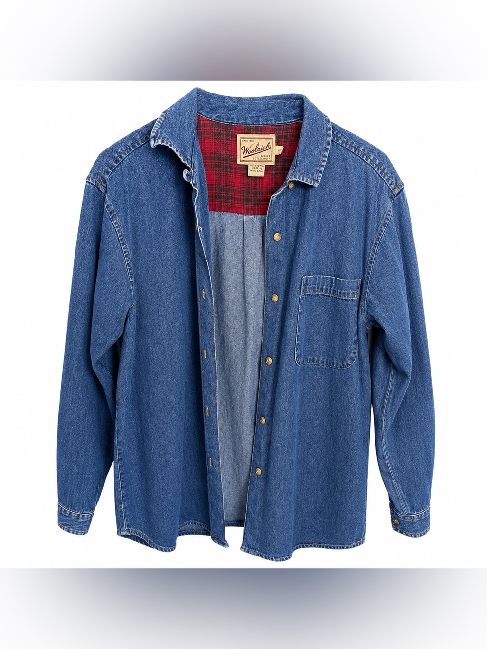 Vintage Woolrich Denim Shirt Jacket Women’s Large Indigo Plaid Lined Button Up